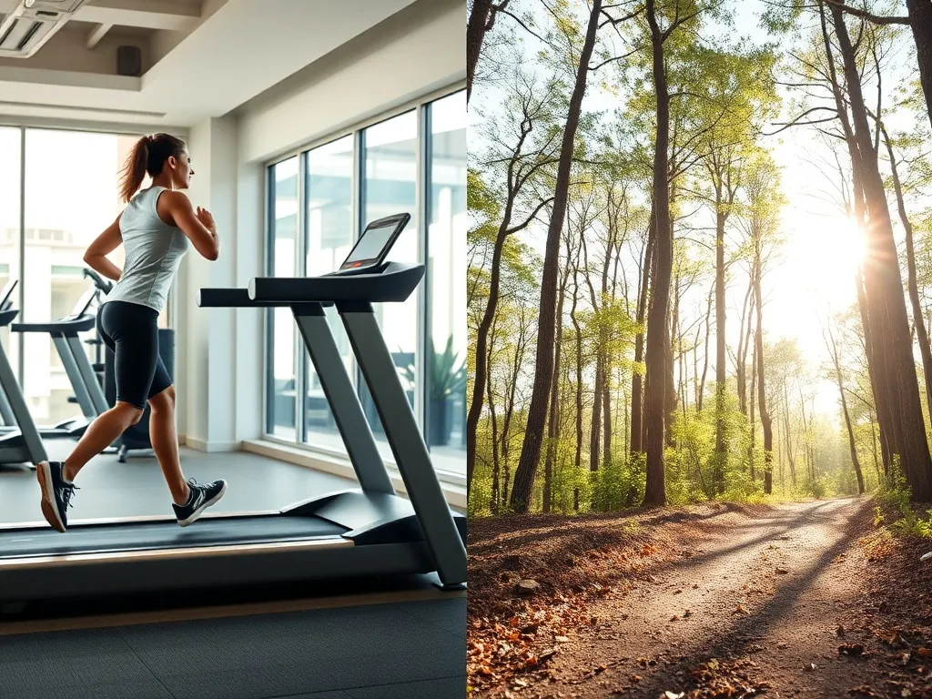 Porównanie biegania na bieżni w siłowni i w terenie leśnym, podkreślające różnice między treningiem indoor i outdoor.