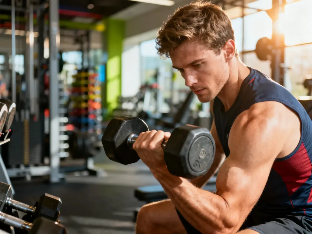 Skupiony sportowiec wykonuje uginanie ramion z hantlami w nowoczesnej siłowni, prezentując technikę ćwiczeń na biceps.