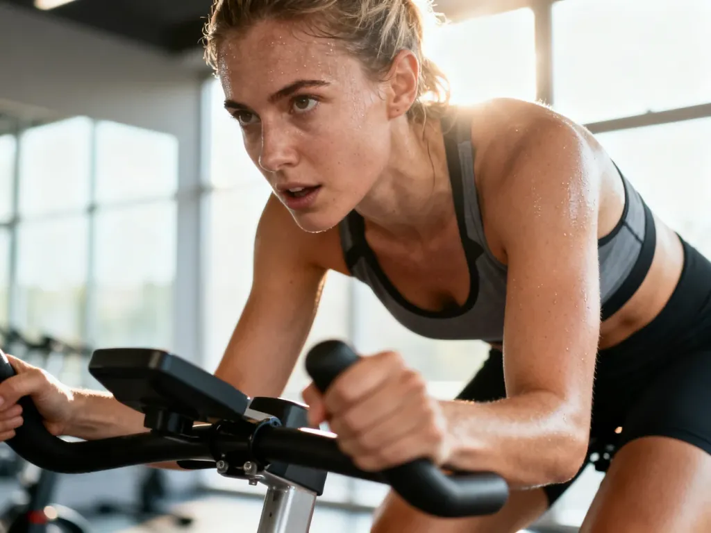 Skupiona kobieta intensywnie trenująca na rowerze stacjonarnym w słonecznym studiu fitness.