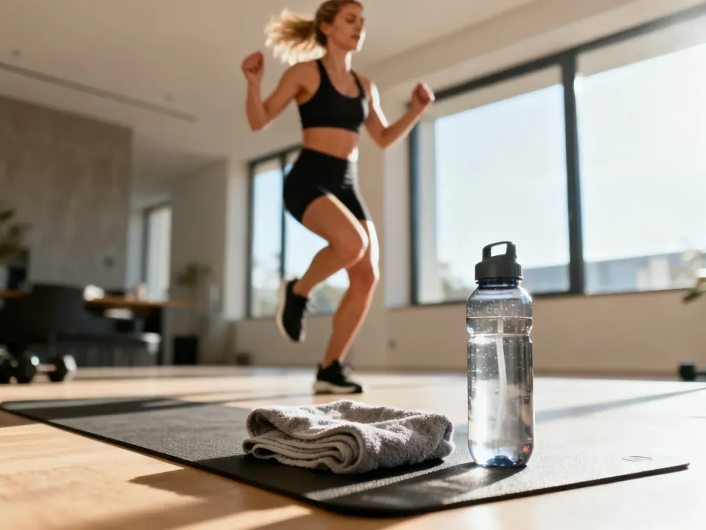 Kobieta wykonuje pajacyki w nowoczesnej domowej siłowni, co ilustruje dynamiczny trening cardio.